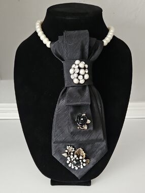Black Upcycled Necktie Necklace with a Black Rose and Pearls